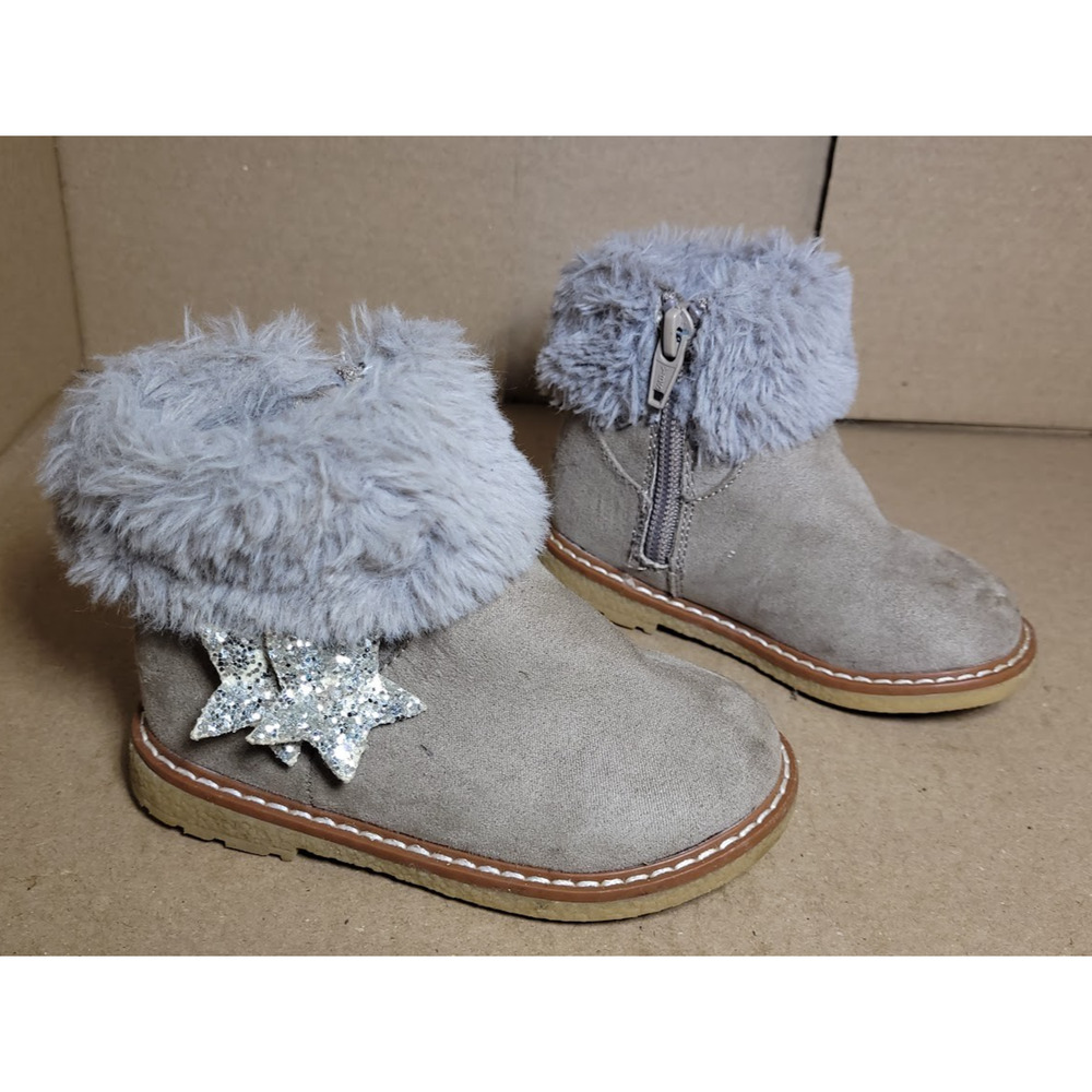 6 TODDLER GIRLS CAT & JACK GRAY BOOTS WITH FUR AND SPARKLE STAR ZIP UP